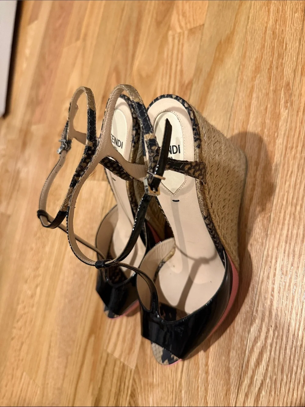 Fendi Black Patent Leather & Snake-Print Wedge Sandals